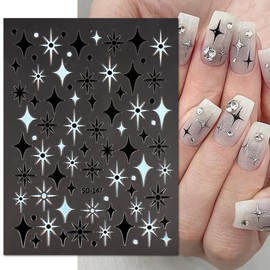 KTAABTR 8 Sheets Star Nail Art Stickers Gold Silver Black White Self Adhesive Stars Nail Decals Design Glitter Star Nail Stickers for Women Girls DIY Manicure Nail Decoration Star Nail Supply
