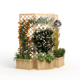 Cedar Privacy Screen with Planter Box - 3-Panel Freestanding Garden Fence, 62"x10"x65" Tall Outdoor Divider with Drain Holes & Raised Bed for Patio, Deck & Backyard (Natural Wood)