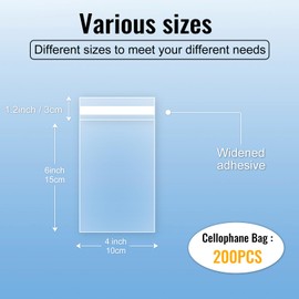 Clear Cellophane Bags 200 Pcs 4x6 inch Self Adhesive Cookie Bags Candy Bags Treat Bags Resealable Self Sealing Plastic Cello Bags for Favors Snack Goodie Gift Packaging