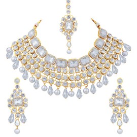 Aheli Kundan and Simulated Colored Stones Indian Ethnic Maang Tikka Necklace and Earrings Set Bollywood Festive Statement Jewelry for Women