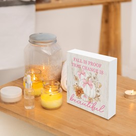 BCUANGD Coquette Pumpkin Desk Decor Decorations - Trendy Autumn Fall Wooden Box Sign, Pink Bows Wood Block Plaque Box Sign for Girls Room Grandmillennial Home Table Decoration, 5x5 Inches