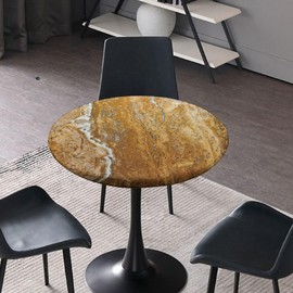 Marble Round Fitted Polyester Tablecloths, Yellow Gold Marble Elastic Edge Home Decorative Tablecloth, Stain & Wrinkle Resistant Table Cover for Garden Patio Picnic Use, Fit for 28" Round Table