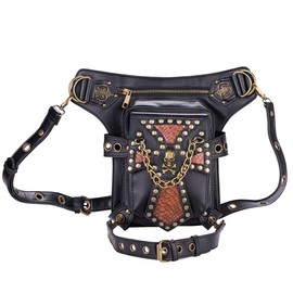 FiveloveTwo Steampunk Vintage PU Leather Waist Pack Hiking Fanny Pack Small Purse Multi-Purpose Tactical Drop Leg Arm Shoulder Bag with Hip Belt Black