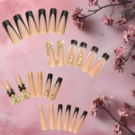 Lomxene Press-on Nails - Long Square XL French Tip Nails With Rhinestones, Acrylic 3D Butterfly & Bow Designs - 24pcs