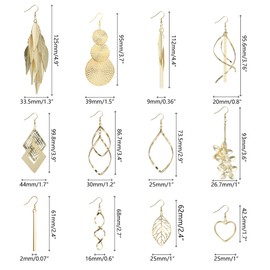 ASH'S CHOICE 12 Pairs Gold Drop Earrings for Women Girls Various Hook Earrings Boho Set, Round/Prism/Feather/Chain/Wave Twist Single/Flower/Heart/Leaves/Long/Fringe Earrings, Brass