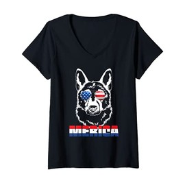 Womens German Shepherd 4th of July Shirt Merica USA Flag V-Neck T-Shirt