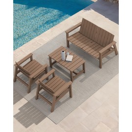 SERWALL Patio Coffee Table, HDPE Rectangle Outdoor Coffee Table, Brown