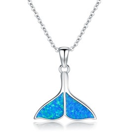 Aihpos 925 Sterling Silver Whale Tail Necklace - Opal Whale Tail Pendant Necklace Blue Fish Tail Necklace Whale Tail Necklace Charm