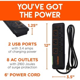 Echogear Low Profile Surge Protector Power Strip with 8 Outlets & 2 USB Ports - Best Surge Suppressor with 2160 Joules of Protection - Slim Black Profile is Easy to Store & Wall Mountable