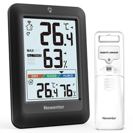 Newentor Max Min Thermometer Indoor Outdoor 24/48 Hours/All Times - Hygrometer Humidity Meter with Air Comfort - Wireless Weather Station with Outdoor Sensor - Room Thermometer with Lighting, Black