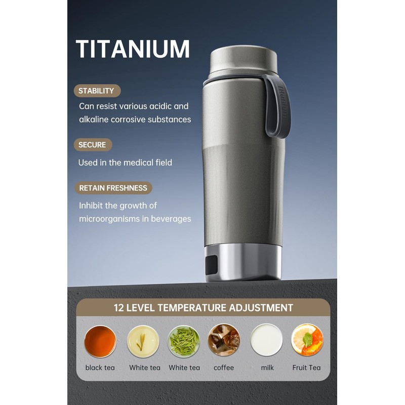 Pure Titanium Travel Kettle, 380ML Portable Electric Kettle, 12 Temp