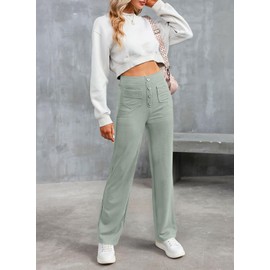 EVALESS Plus Size Womens High Waist Button Stretchy Work Pants Straight Leg Office Ladies Dress Pant Business Casual Trousers Comfy Loose Slacks Trendy 2025 Womens Pants with Pocket Green XX-Large