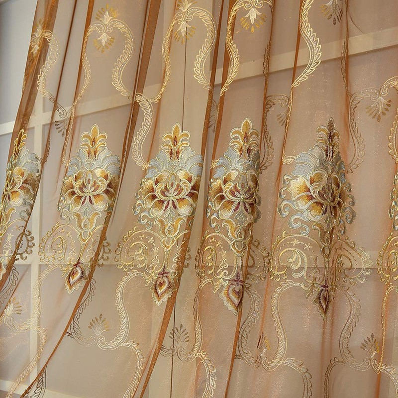 1pc Luxury Brown Embroidered Floral Sheer Tulle Curtain for Bedroom