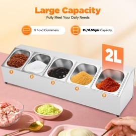 Commercial Spice Rack Shelf, Stainless Steel Gastronorm Container Rack With Five 1/6 Pans,Organizer Stand, Countertop Inclined Holder For Seasoning Sauce,Restaurants, Hot Pot Shops, Milk Tea Shops