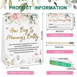 How Big is Mommy's Belly Sign， Pink Rose Baby Shower Game Tummy Measuring Tape for Baby Shower Measure the Baby Bump How Big Is Moms Belly Cards -ca42
