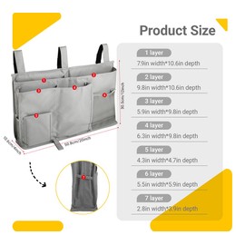 Windfromort Bed Organiser for Hanging - Bed Bag for Hanging - Bedside Hanging Storage Bed Bags - Storage Bag for Bed, Bedside Table & Office - 7 Pockets - Grey