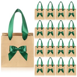 Honoson 50 Pcs No DIY Small Gift Bags with Handle 4 x 2.75 x 4.5 Mini Paper Bags Bulk with Bow Ribbon for Party Favor Wedding Birthday Guests Baby Shower(Green)
