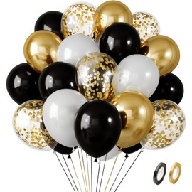 100pcs 12 inch black & gold balloons, black white metallic gold confetti latex balloons for graduation day anniversary wedding engagement baby bath party decoration (Black Gold White)