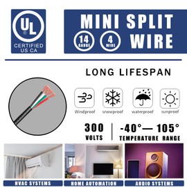 14/4 AWG Cable Power Wires 50FT Conductor Flexible Cord for Residential Wiring Mini Split Wire Air Conditioner Speaker Low Voltage Wire 300V LED Wire Stranded PVC Cord Oxygen-Free Copper