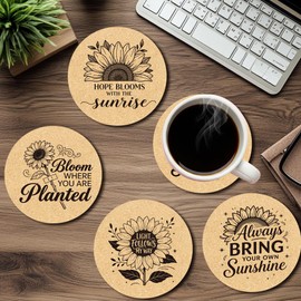 ANATTASOUL Round Wooden Coasters, Pack of 9, Sunflower Wooden Coasters, Reusable Coasters, Glasses, 10 cm, Cup Coaster Mat for Home, Office and Bar, Table Decoration, Summer