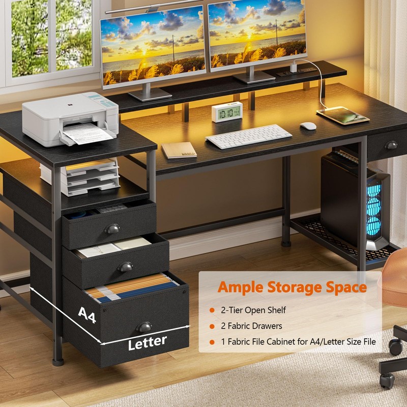 Furologee 60" Black Computer Desk with 4 Drawers and Printer