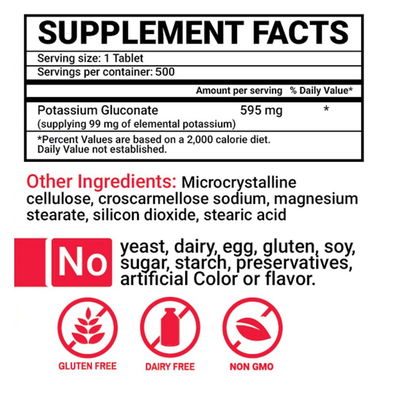 Peter Gillham’s Life Essentials Potassium Gluconate tablets 595mg, 500 Tablets,