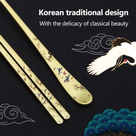 BALWOO [Made in Korea] Crane Painting Design Korean Table Sticky Rice Spoon and Chopsticks 304 Stainless Steel Gold Titanium Plated Mukbang Cutlery