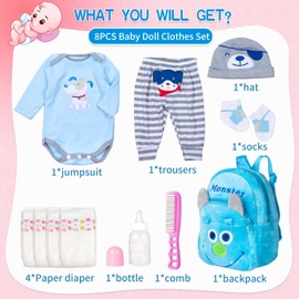 PEDOLLTREE Reborn Baby Doll Clothes Outfit Accessories Blue Puppy Set 11 Pcs Set for 17-22 Inch Reborn Doll Newborn Boy with Backpack Diaper