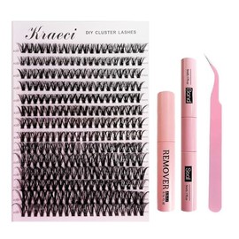 Kraeci Lash Extension Kit DIY with Adhesive Remover for Safe Removal, 280 Clusters 9-16mm, 40D Volumes, Bond Glue, Sealant, Tweezers, Home Use Eyelash Starter Kit