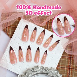 Stiletto Almond Press on Nails Long- 3D Gold Chrome Line Fake Nails Red French Tip Full Cover Stick on False Nails Glossy Nude Acrylic Glue on Nails Artificial Nails for Women Girls 24Pcs