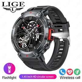 LIGE Large Disc Steel Band Outdoor Sports Watch Wireless Call Flashlight Waterproof Wearable multiple sport wireless answer smart - Color: Black