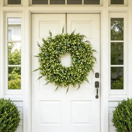 26 Inch Artificial Boxwood Wreath for Front Door, All Seasons Year Round Greenery Wreath, Indoor Outdoor Wall Window Porch Decor Window