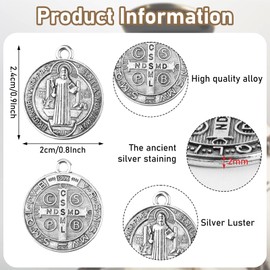 PIAOPIAONIU 50 Pcs Jesus Cross St. Benedict Medals Charms Alloy Religious Pendants Round Double-Sided Loose Beads for DIY Rosary Necklace Bracelet Jewelry Making