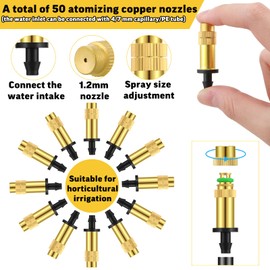 MorningRo 50 Pcs 1/4" Adjustable Copper Atomizing Nozzles Drip Irrigation Sprayer Garden Irrigation System Nozzles for Lawn Vegetables Greenhouse Watering(Long)