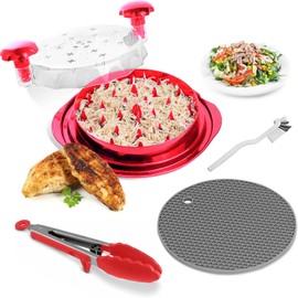 10" Twist-Action Meat Shredder Set | XL Capacity for Chicken, Pork & Beef | Includes Tongs, Non-Slip Mat & Cleaning Brush | Premium Dishwasher-Safe Kitchen Tool for Easy Pulled Meats USA Quality | Red