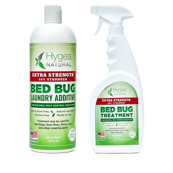 Hygea Natural Extra Strength Bed Bug, Lice and Mite Spray Treatment kit - Natural Non Toxic, Safe & Odorless. Includes: 24 Oz bed bug spray and 32 Oz bed bug laundry additive