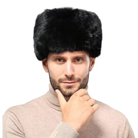 Men Winter Trapper Hat Faux Fur Russian Trooper Hat Furry Ushanka Hat Warm Dad Hat Outdoor Windproof Hunting Ski Cap Black