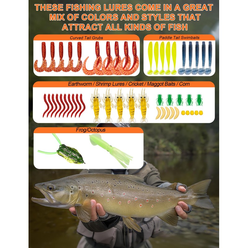 pullther 380 Pcs Fishing Lure Mixed Set, Including Spinner, Casting
