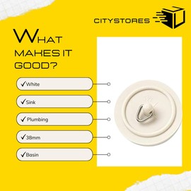 Citystores® 38mm White Bath Plug, 1-1/2" (38mm) Universal Fit for Bathtubs & Basins