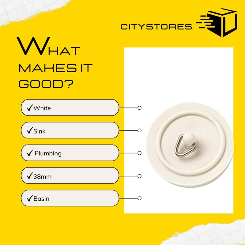 Citystores® 38mm White Bath Plug, 1-1/2" (38mm) Universal Fit for