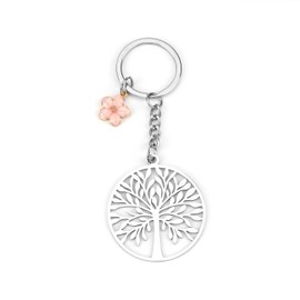 Tree of Life Keyring, Round Tree of Life Pendant with Flower, Lucky Charm for Women, Key Ring Keychain Jewellery, Spiritual Esoteric Gifts, silver, S