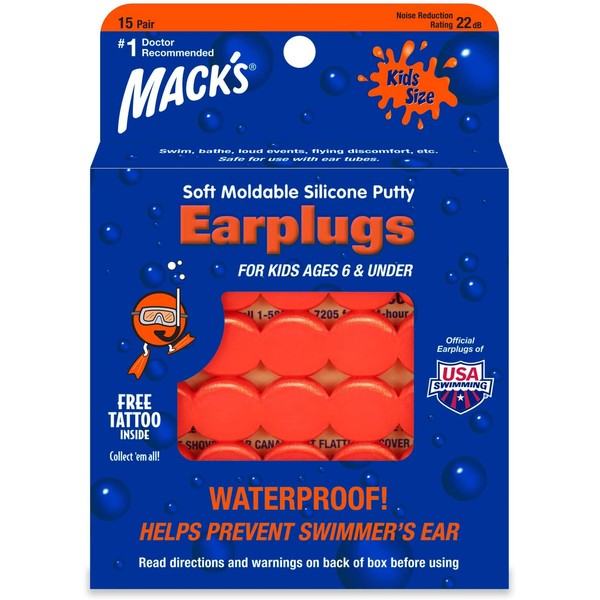 Mack's Soft Moldable Silicone Putty Ear Plugs – Kids Size, 15 Pair – Comfortable Small Earplugs for Swimming, Bathing, Travel, Loud Events and Flying