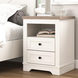 VERYKE 2 Drawers Night Stand with Open Shelf,Farmhouse Bedside Table with Storage,Wooden Side Table Versatile Nightstands for Bedroom (Antique White)