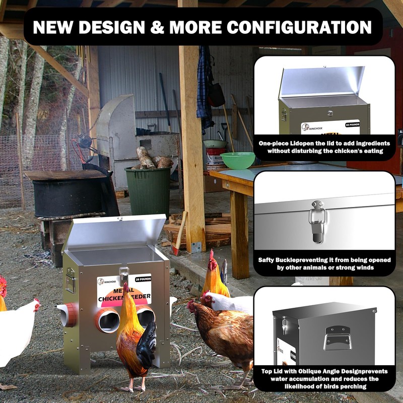 Kinchoix Metal Chicken Feeder Large Capacity 25lbs Automatic Metal Chicken