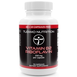 Vitamin B2 Riboflavin 250 mg Capsules - 70 pcs (2+ Month Supply) of Rapidly Disintegrating Capsules, Each with 250mg of Premium Quality & Pure Riboflavin Powder, by TUDIMO