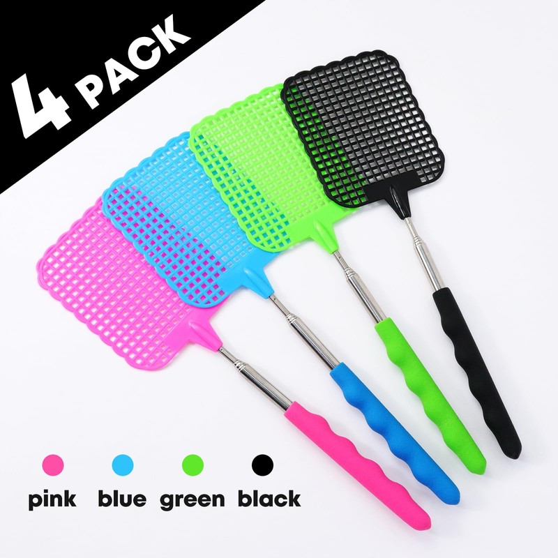 Soodyoow Fly Swatter, Pack of 4 Colourful Extendable Fly Swatter