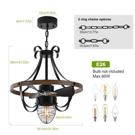 Garwarm Waterproof Outdoor Ceiling Fan with Lights and Remote,IP44 Black Outdoor/Indoor Ceiling Fans for Patios 6-Speed DC Motor, Farmhouse Gazebo Fan for Porch Pavilion