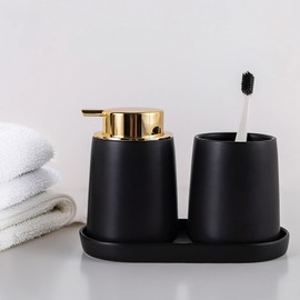Soap Foaming Dispenser, 12 oz Ceramic Foaming Dispenser, 2 Pcs Matte Black and Gold Toothbrush Holder and Container, Refillable Liquid Hand Soap Jar, for Essential Oil, Lotion Dispenser with Pump