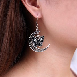 TseenYi Punk Earring with Moon Skull and Butterfly, Dangle Earring, Black Skull Butterfly, Drop Earring, Vintage Filigree Moon Earring, Large Hollow Crescent Moon Earring