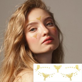 VIWIEU 10 Pcs Tattoo Stickers Color Gold Glitter Cute Face Stickers for Women, Metal Butterflies, Roses, Flowers, Stars, Hearts, Flashing Water Transfer Body Stickers, Easy to Apply Facial Deco,